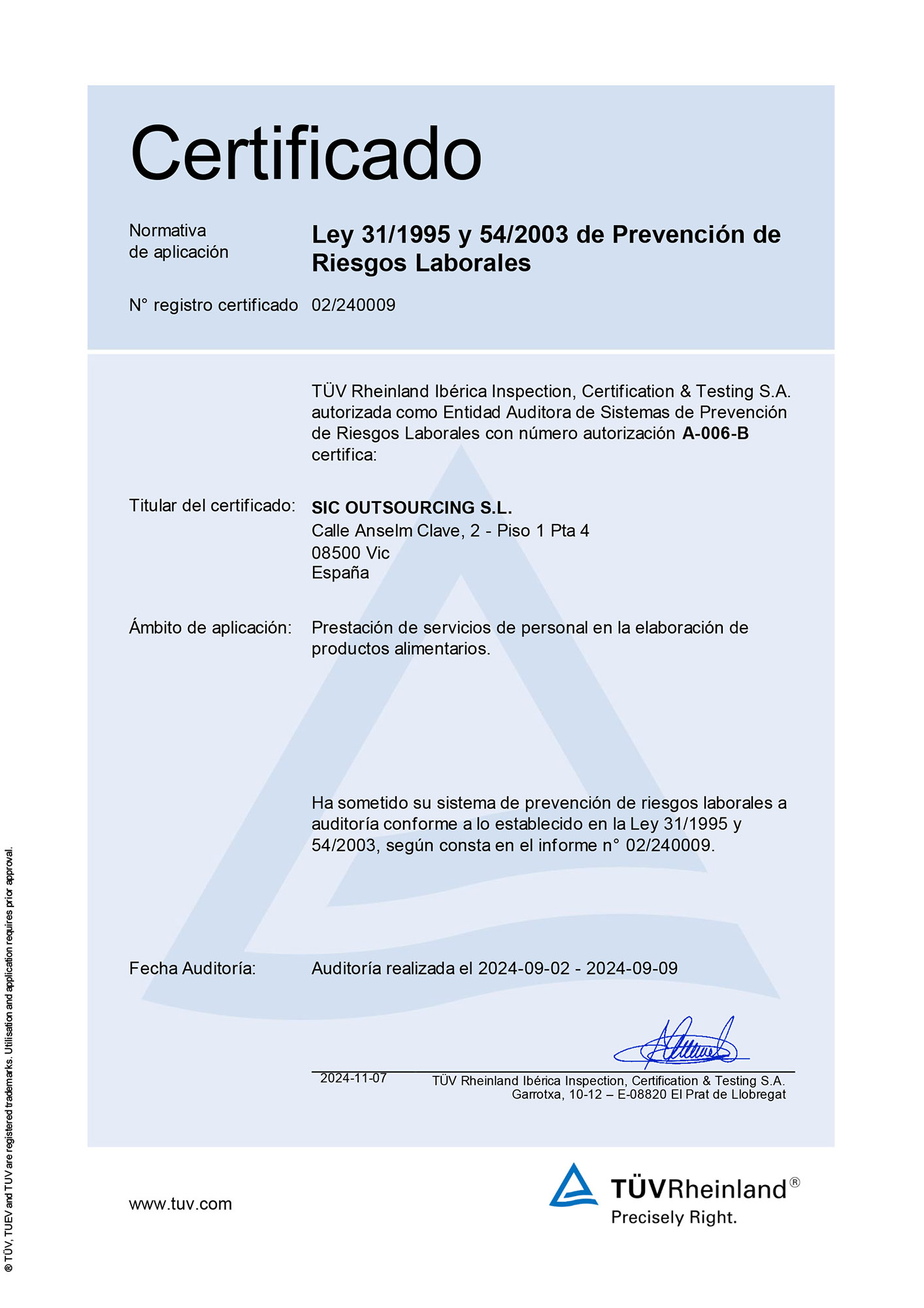 Certificado autidoria PRL