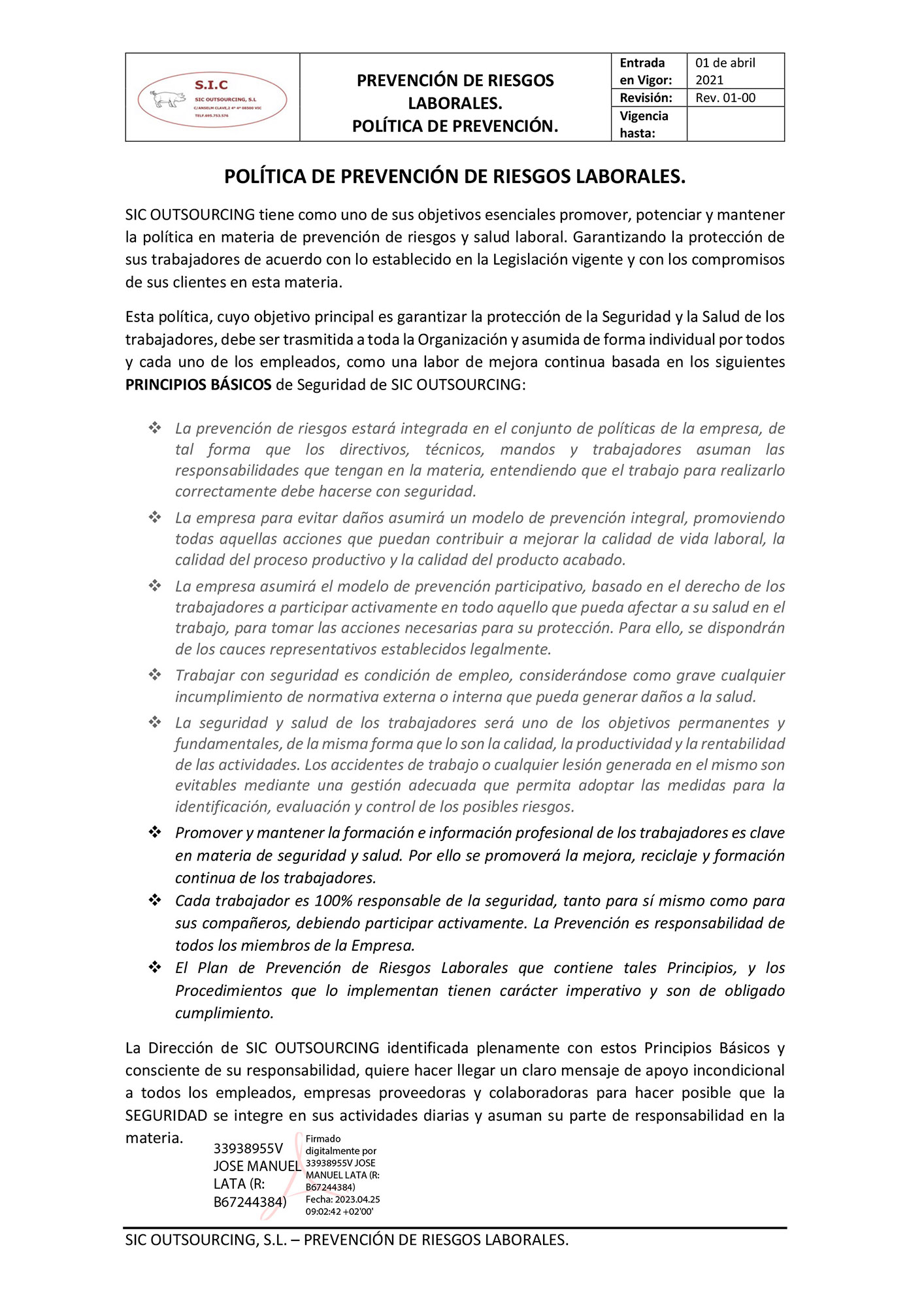 Política prevención riesgos